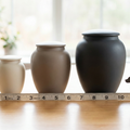 Different sized pet urns with measuring tape and dog figurine